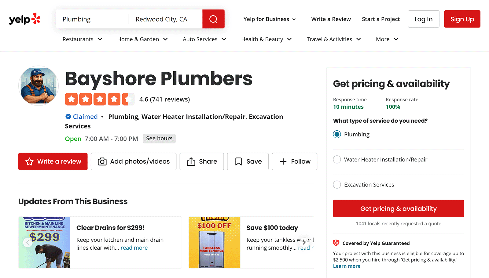 Yelp page showing Bayshore Plumbers’ rating, services, and business information