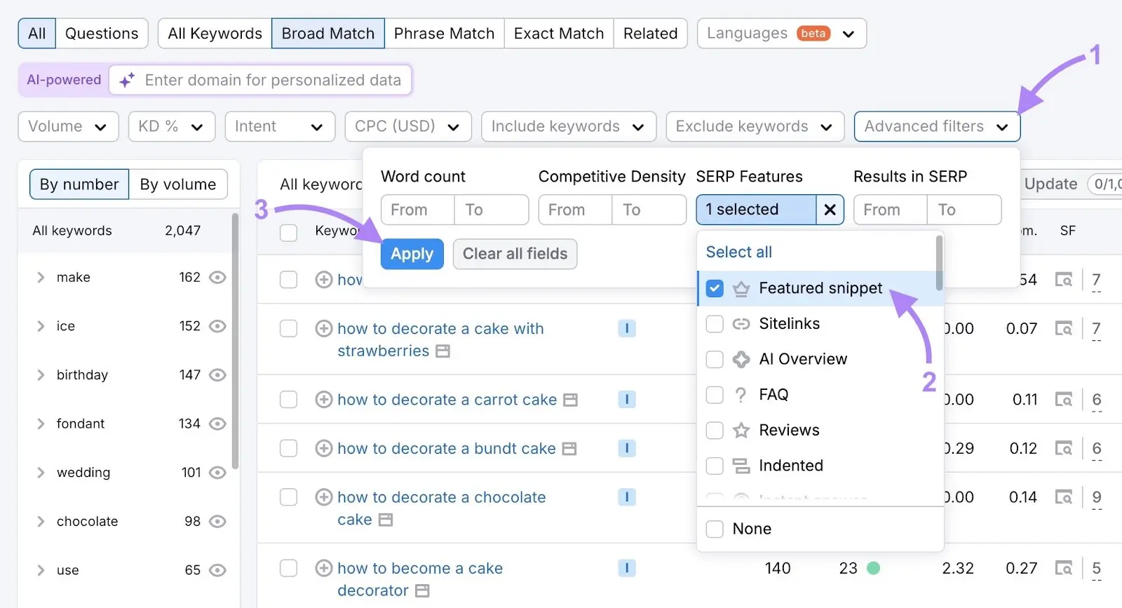Keyword Magic Tool advanced filter menu with arrows pointing to Featured snippet option and Apply button.