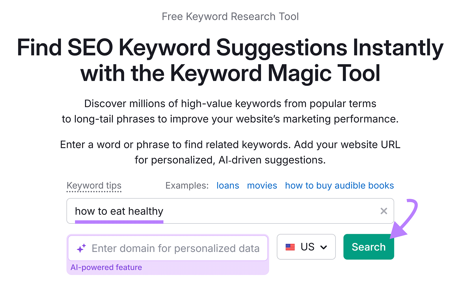Keyword Magic Tool page with āhow to eat healthyā typed in the search bar and an arrow pointing to the Search button