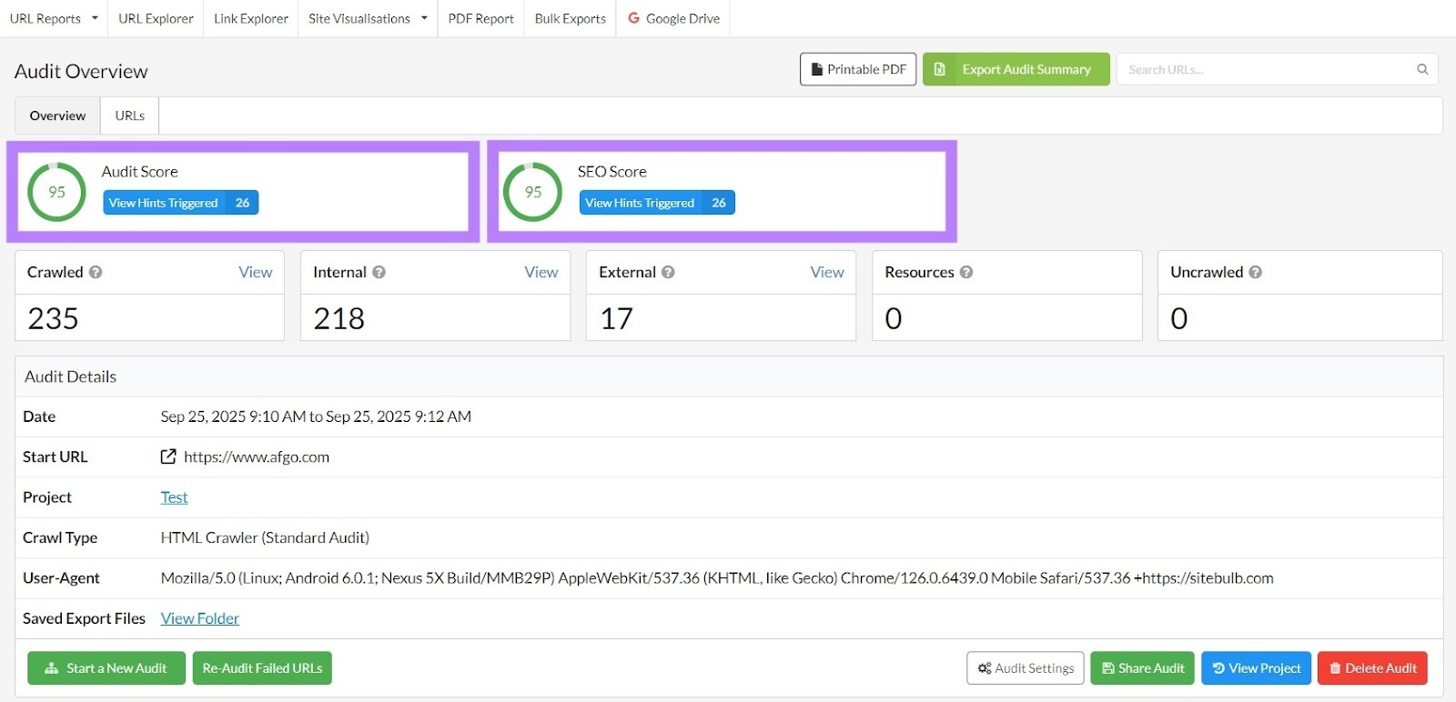 Audit Overview on Sitebulb with "Audit Score" and "SEO Score" highlighted.
