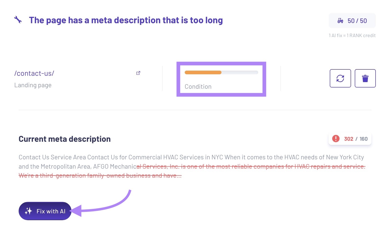 A meta description issue on Morningscore with the "Condition" meter and the "Fix with AI" button highlighted.