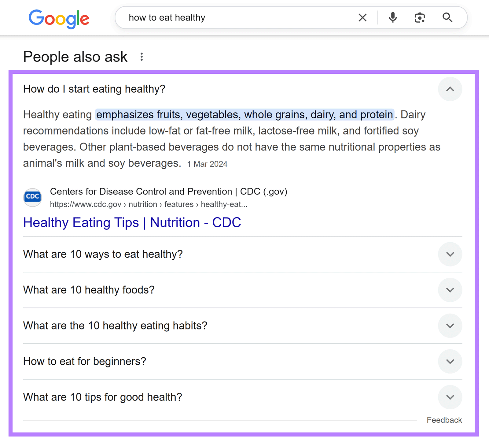 Google āPeople Also Askā section for āhow to eat healthy,ā with the answer box and list of questions outlined