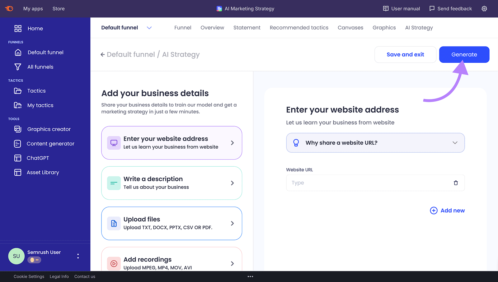 AI Marketing Strategy setup screen showing business detail inputs and an arrow pointing to the “Generate” button.