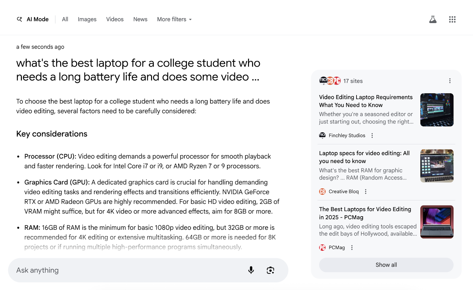 An AI Mode search answer to a long, conversational question with links in the side panel