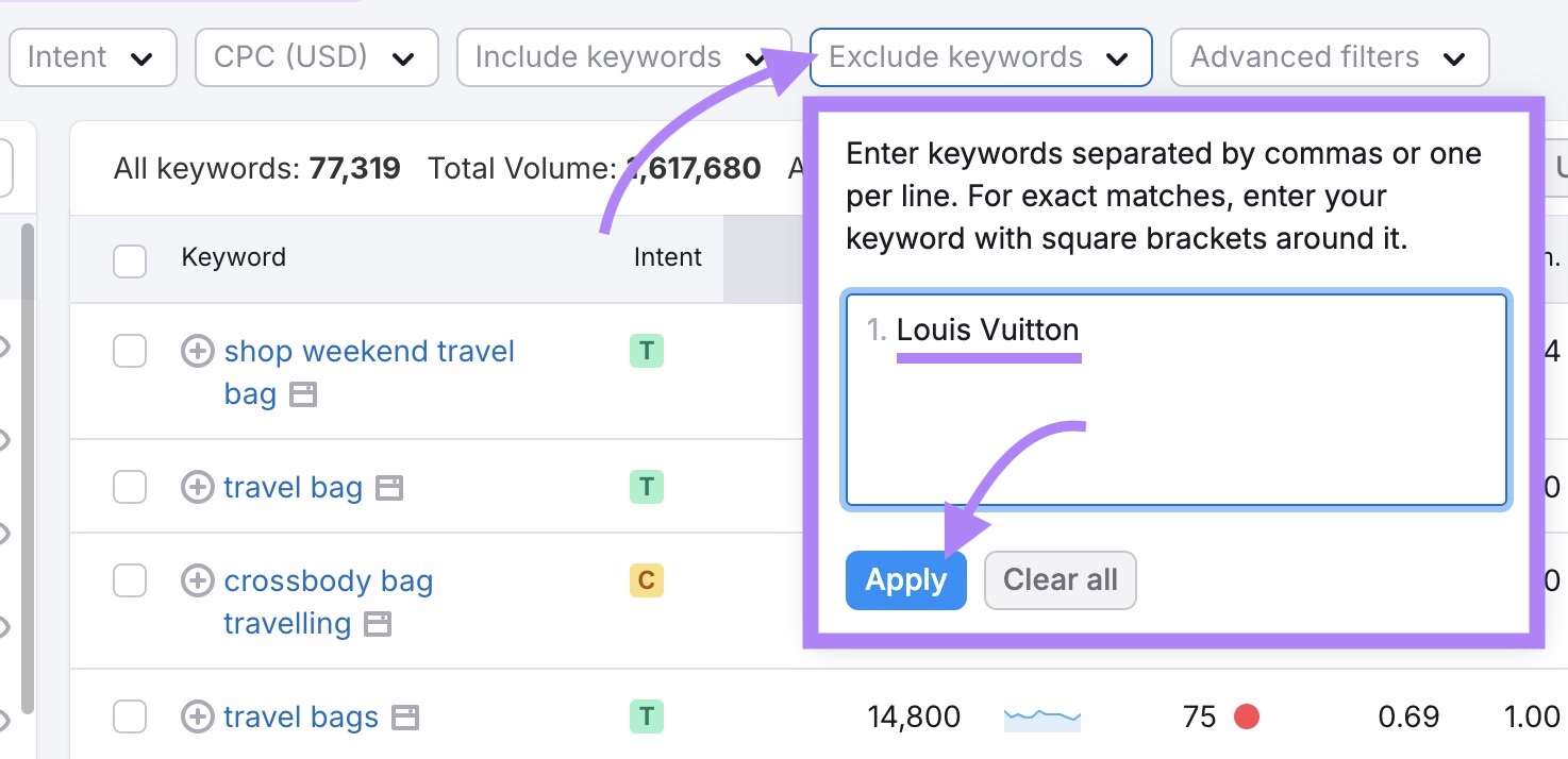 "Exclude keywords" clicked, "Louis Vuitton" entered, and "Apply" clicked on the Keyword Magic Tool.