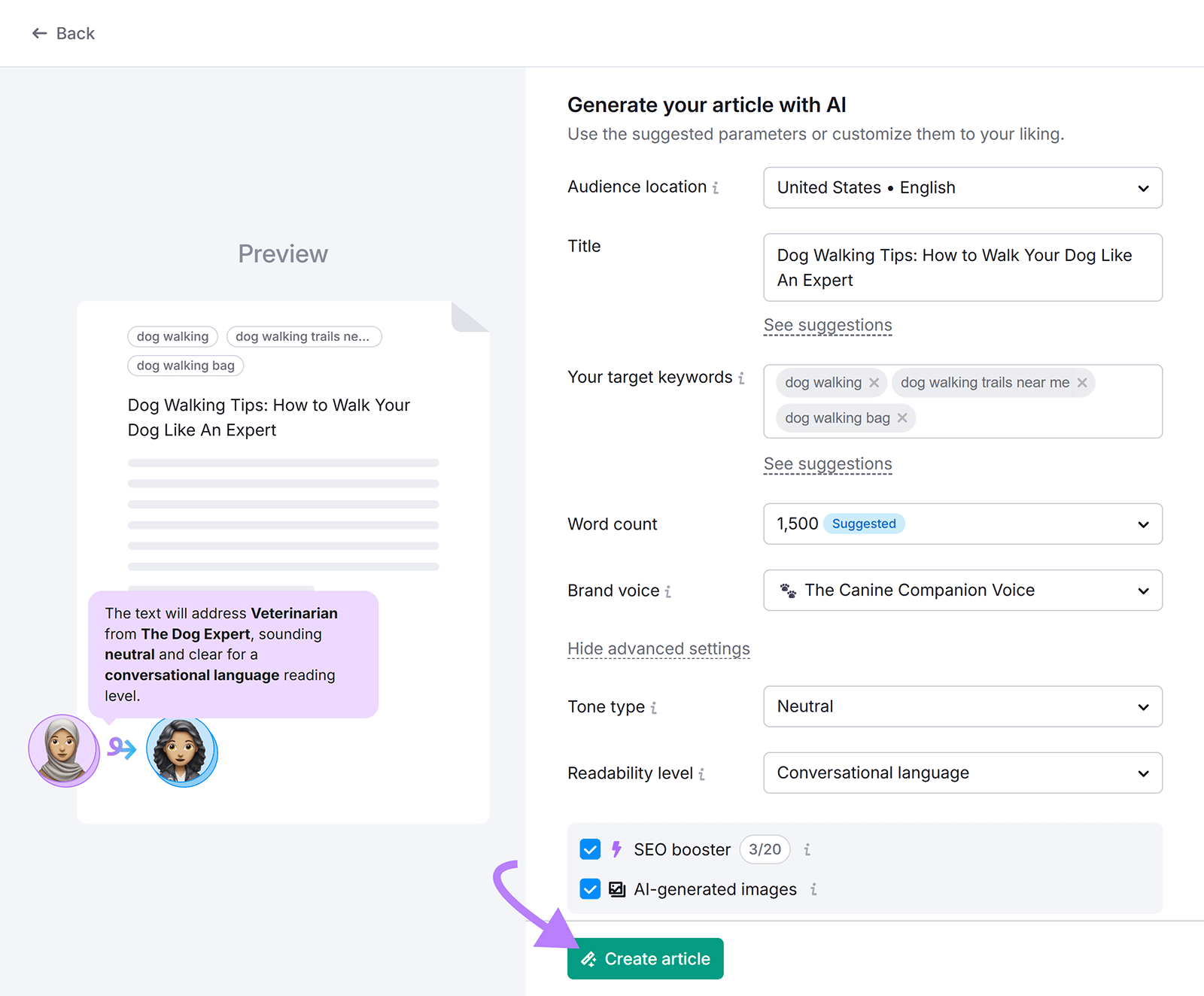 AI article setup screen with keywords, tone, and voice settings, arrow pointing to “Create article” button.