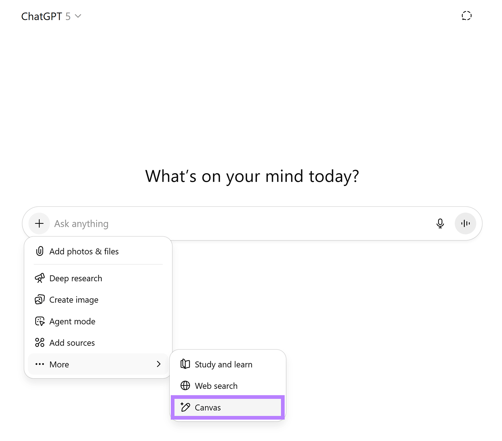 ChatGPT interface with menu expanded showing options for photos, deep research, web search, and Canvas creation.