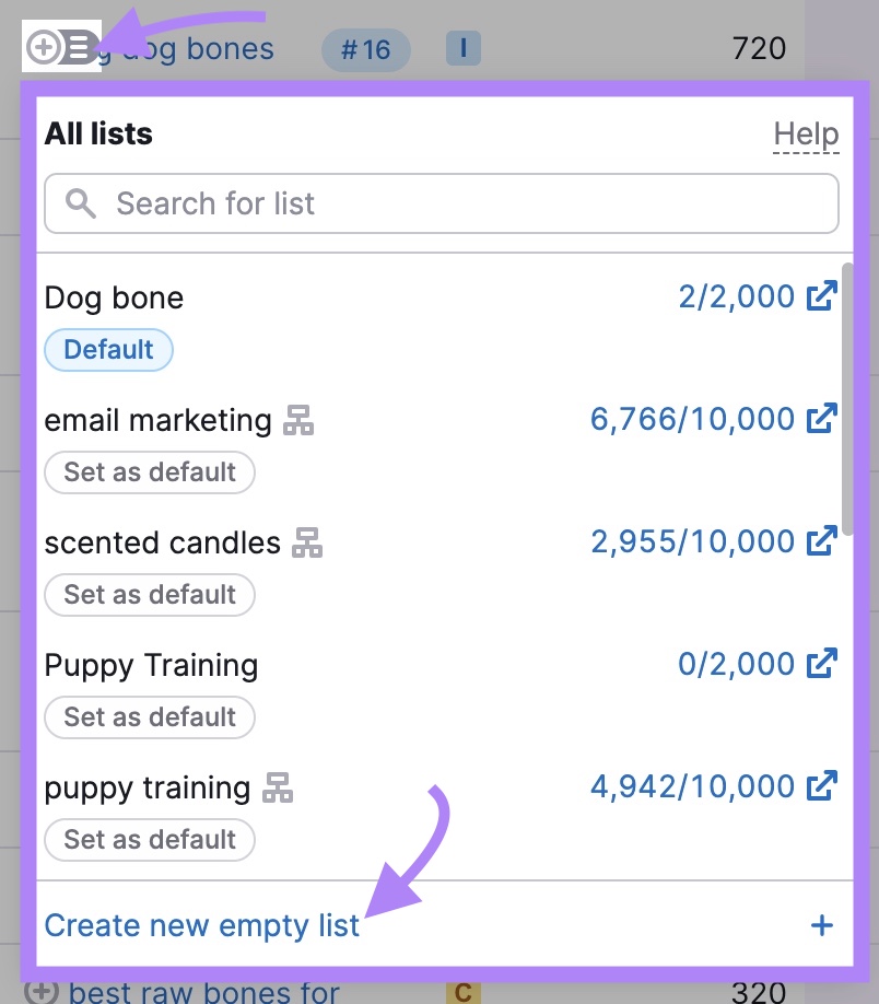 the list icon to the left of a keyword clicked and “Create new empty list” highlighted from the window that opens