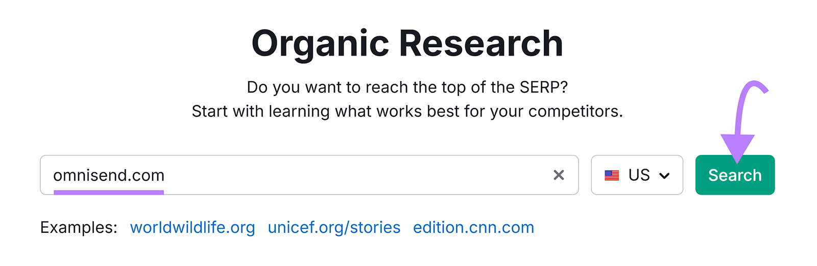 Organic Research tool with omnisend.com entered and arrow pointing to Search