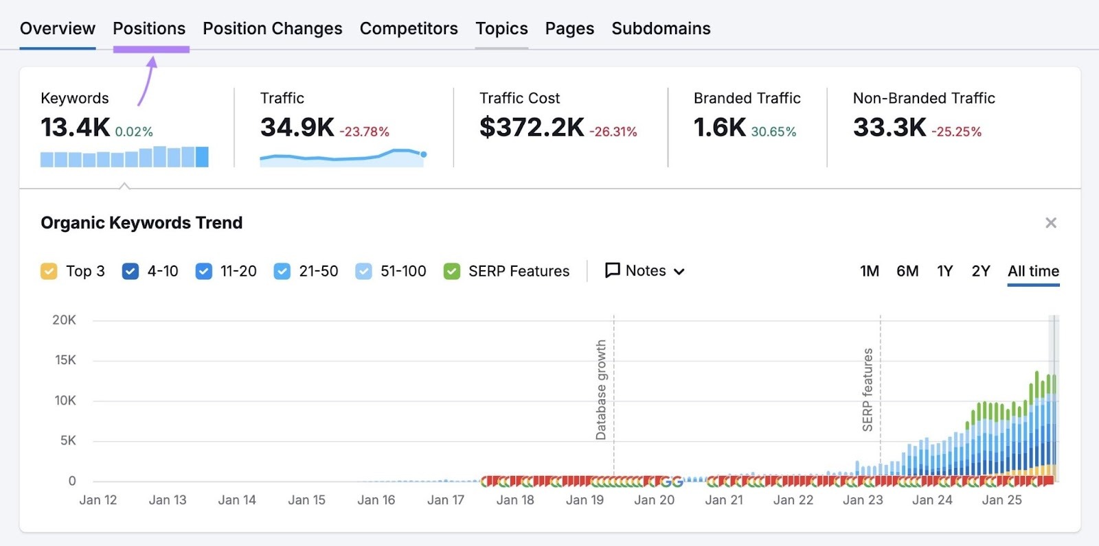 Organic Research overview report with the "Positions" tab highlighted.