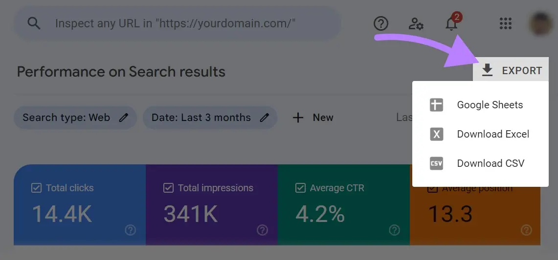 Export button clicked to reveal export options with an arrow pointing to it