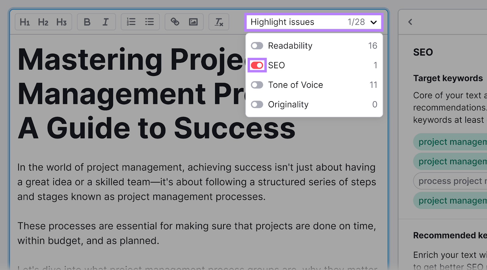 "SEO" selected under “Highlight Issues" drop-down menu