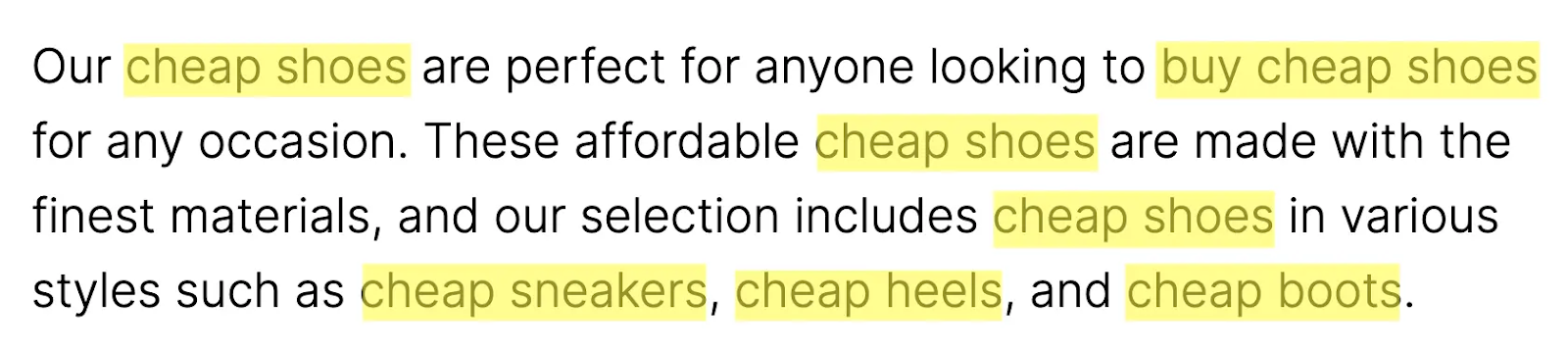four-line paragraph with variations of the keyword "cheap shoes" stuffed in seven times.