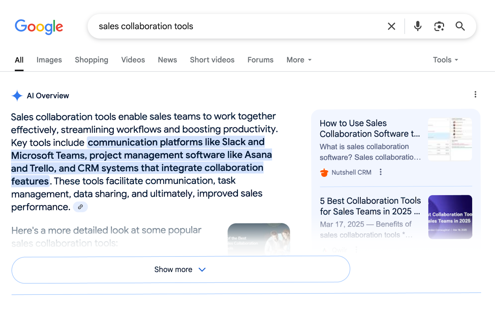 AI Overview appears at the top of the SERP and pulls sources to provide a full-text response.