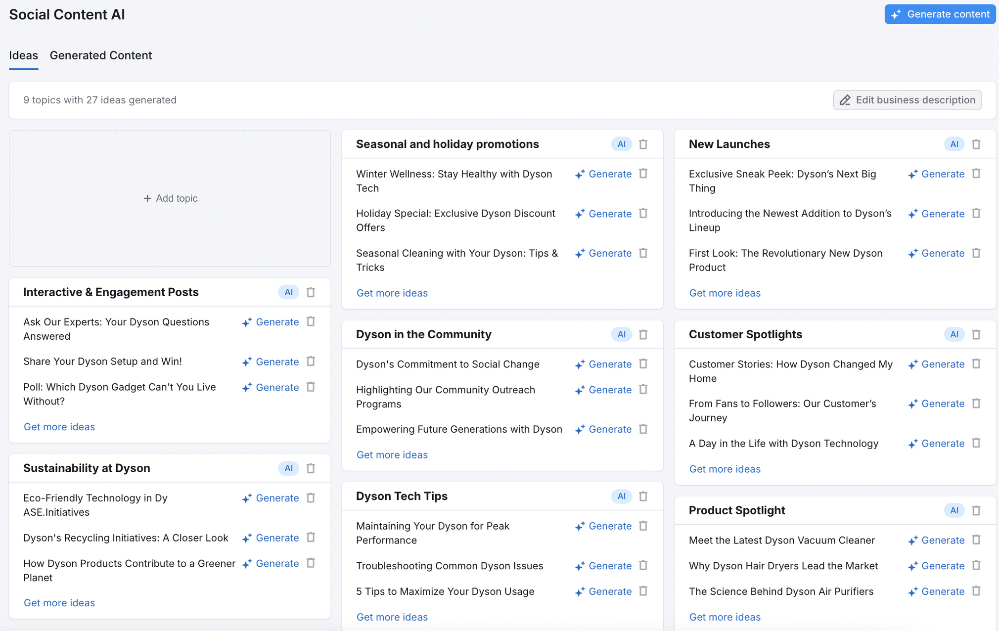 Semrush's Social Content AI - content ideas for Dyson