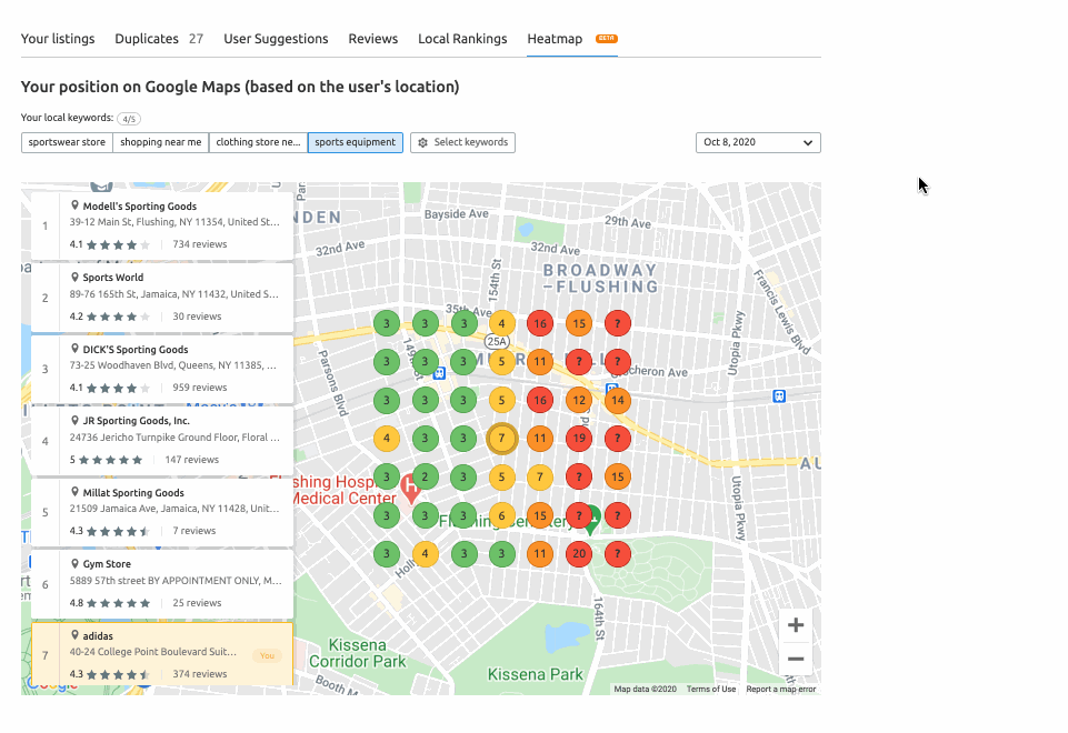 Semrush’s Map Rank Tracker Listing Management tool’s Heatmap shows your position based on location.