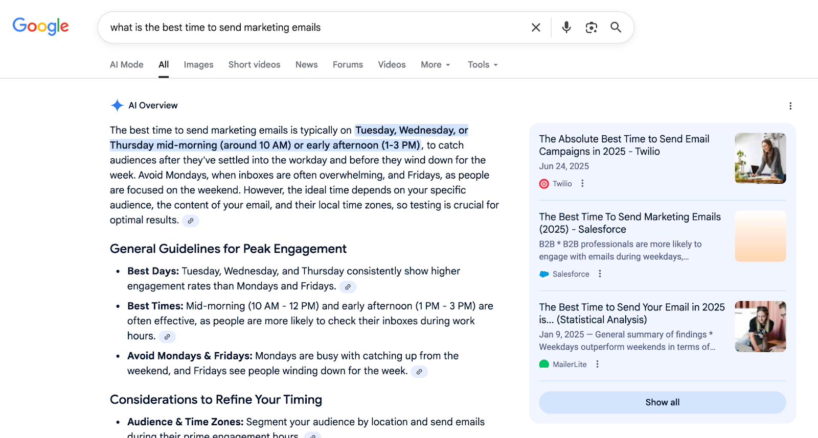 AI Overview "what is the best time to send marketing emails"