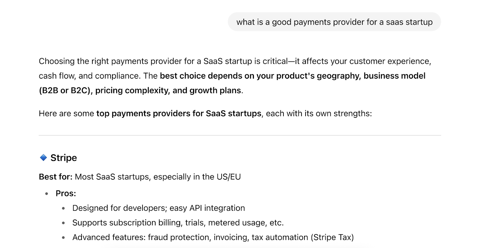 A query asks for the best solution for a specific business type and AI responds with the brand mentioned above.