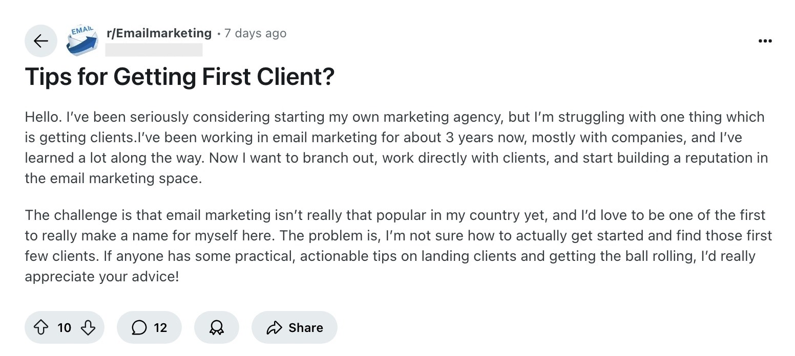 A post on the email marketing subreddit asking for tips to get the first client.