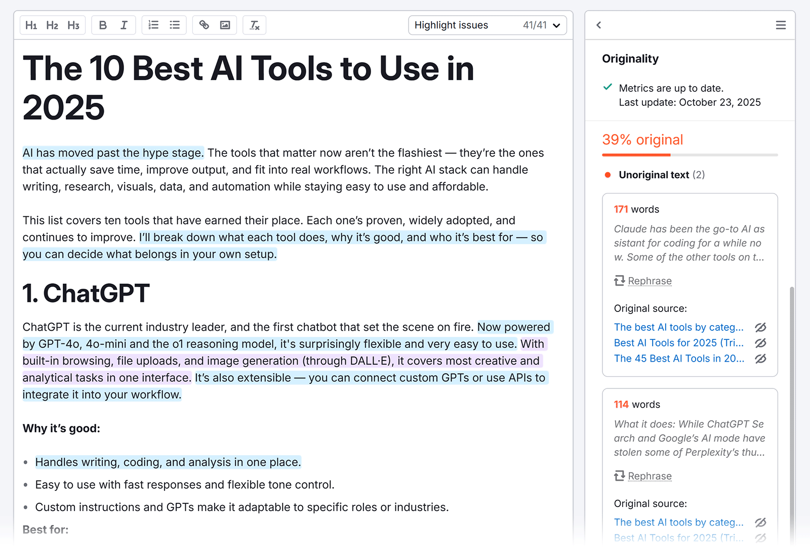 SEO Writing Assistant showing plagiarism flags with highlighted text and original source links.