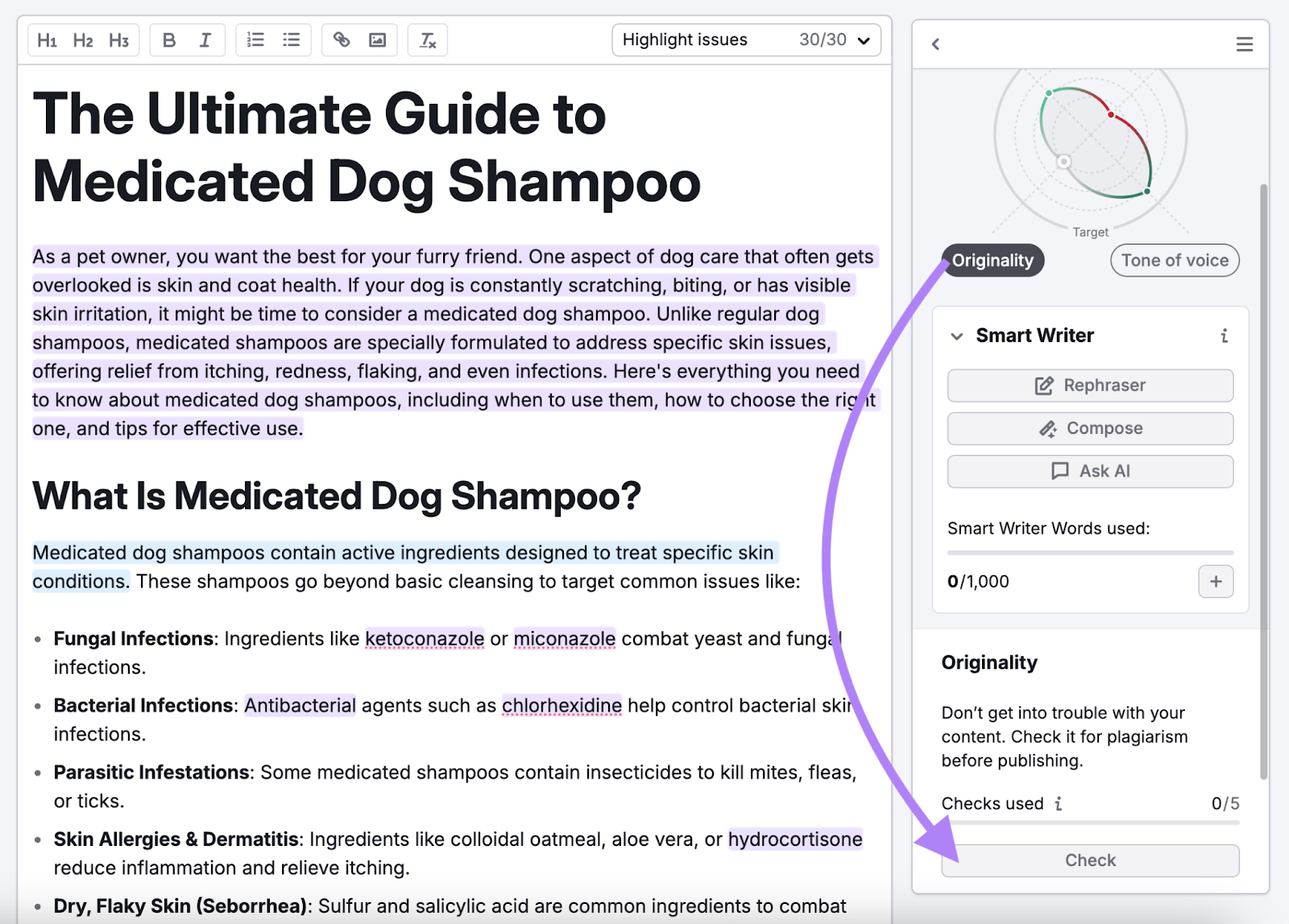 SEO Writing assistant grades Originality by doing a duplicate content check.