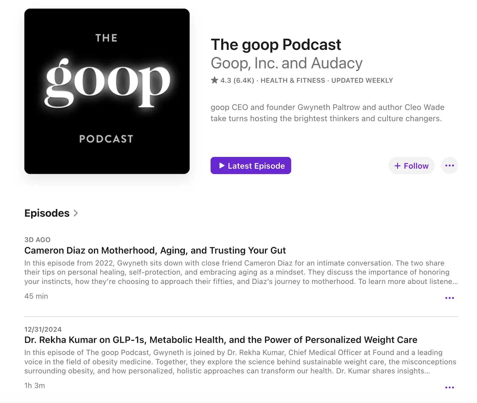 The Goop podcast page.