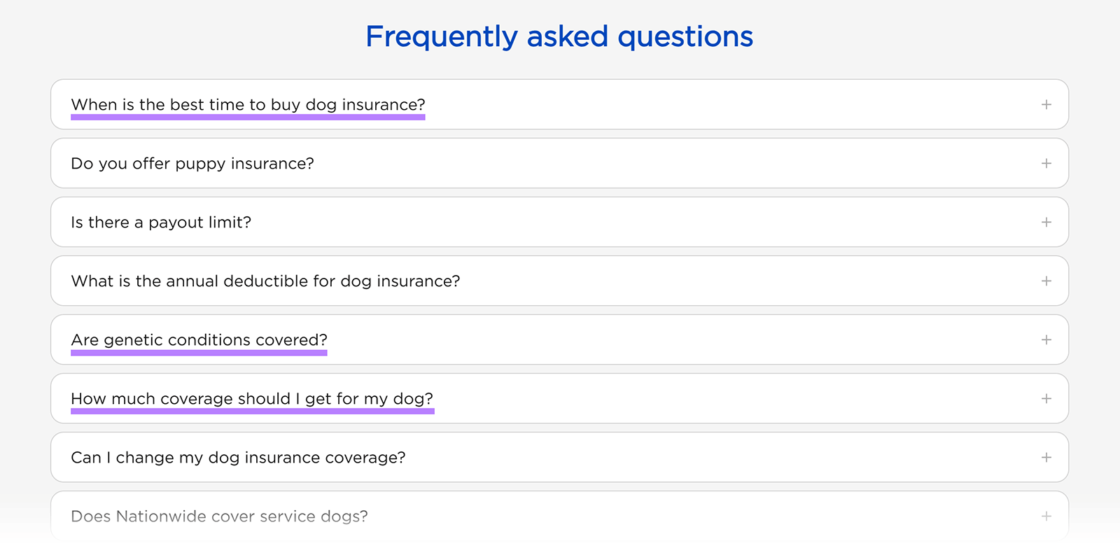 Low volume question keywords highlighted in the FAQ section