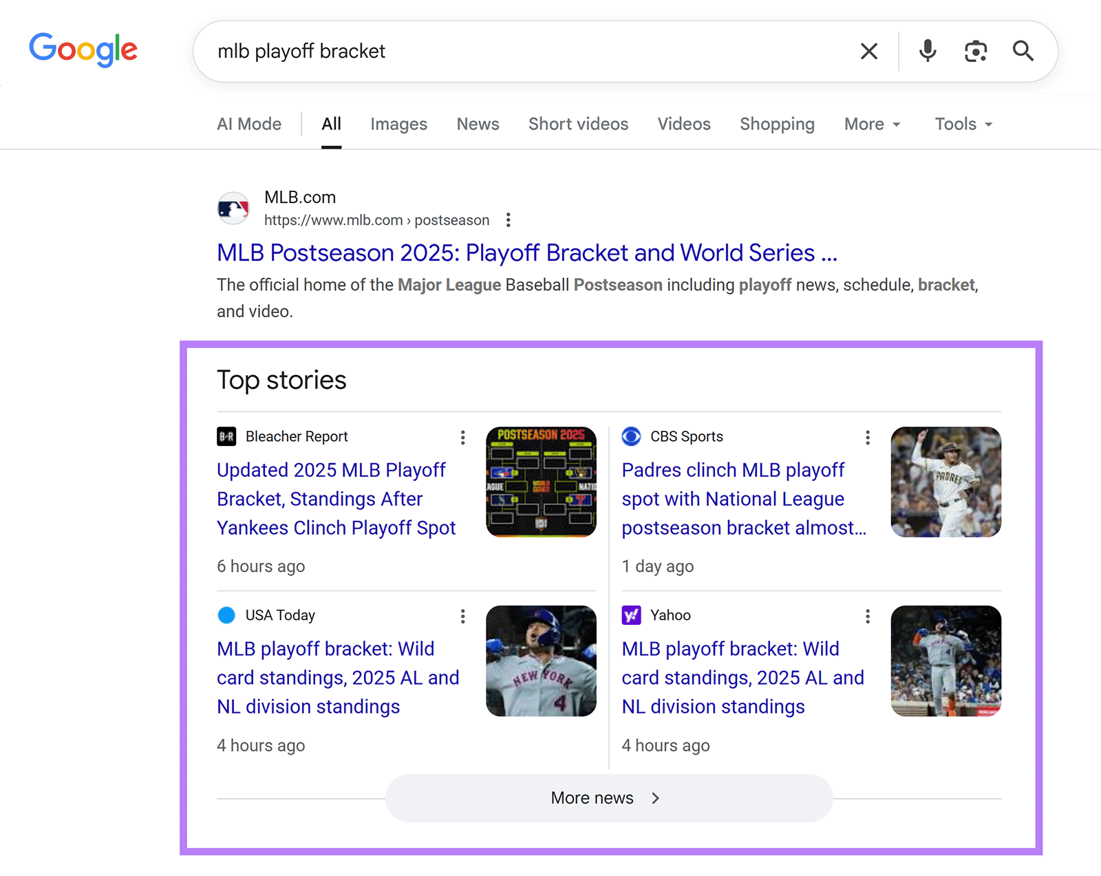 Google search for "mlb playoff bracket" showing Top stories box with MLB playoff news articles.