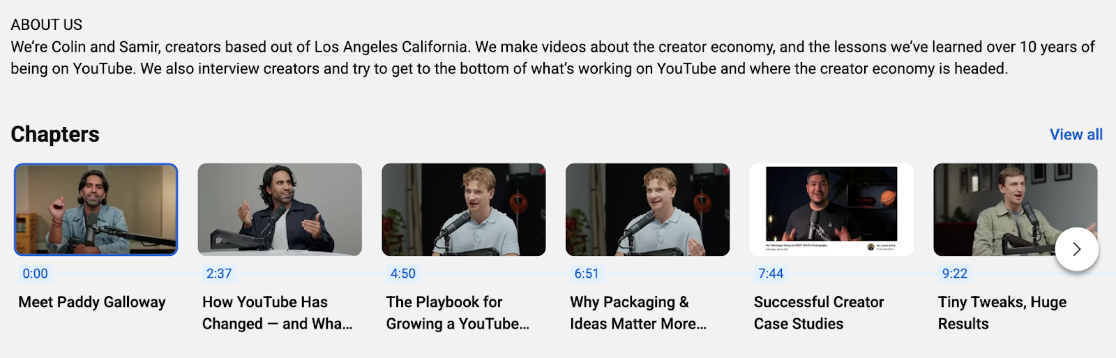 Chapters appear in a video's description box, showing a thumbnail, timestamp, and chapter title.