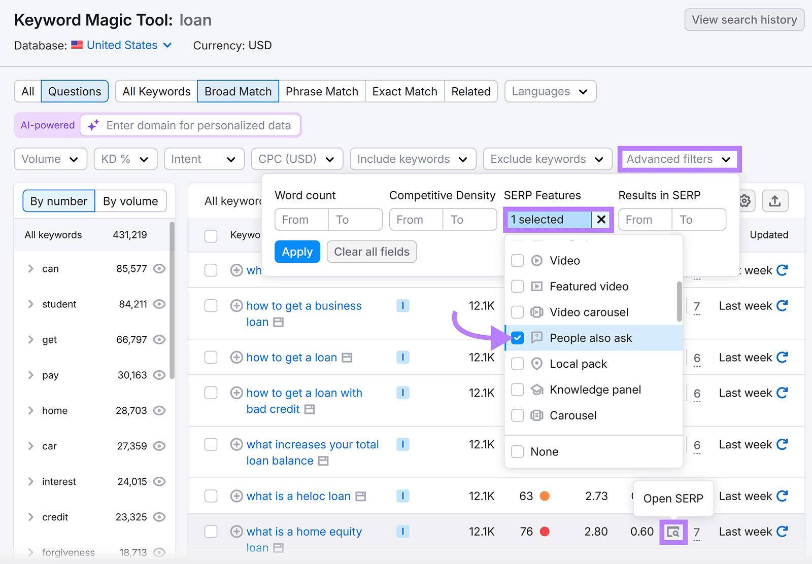 Keyword Magic Tool search results for "loan" with the "advanced filters" and "open serp" buttons highlighted
