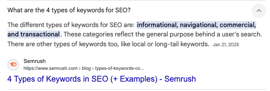 featured snipper for “What are the 4 types of keywords for SEO?”