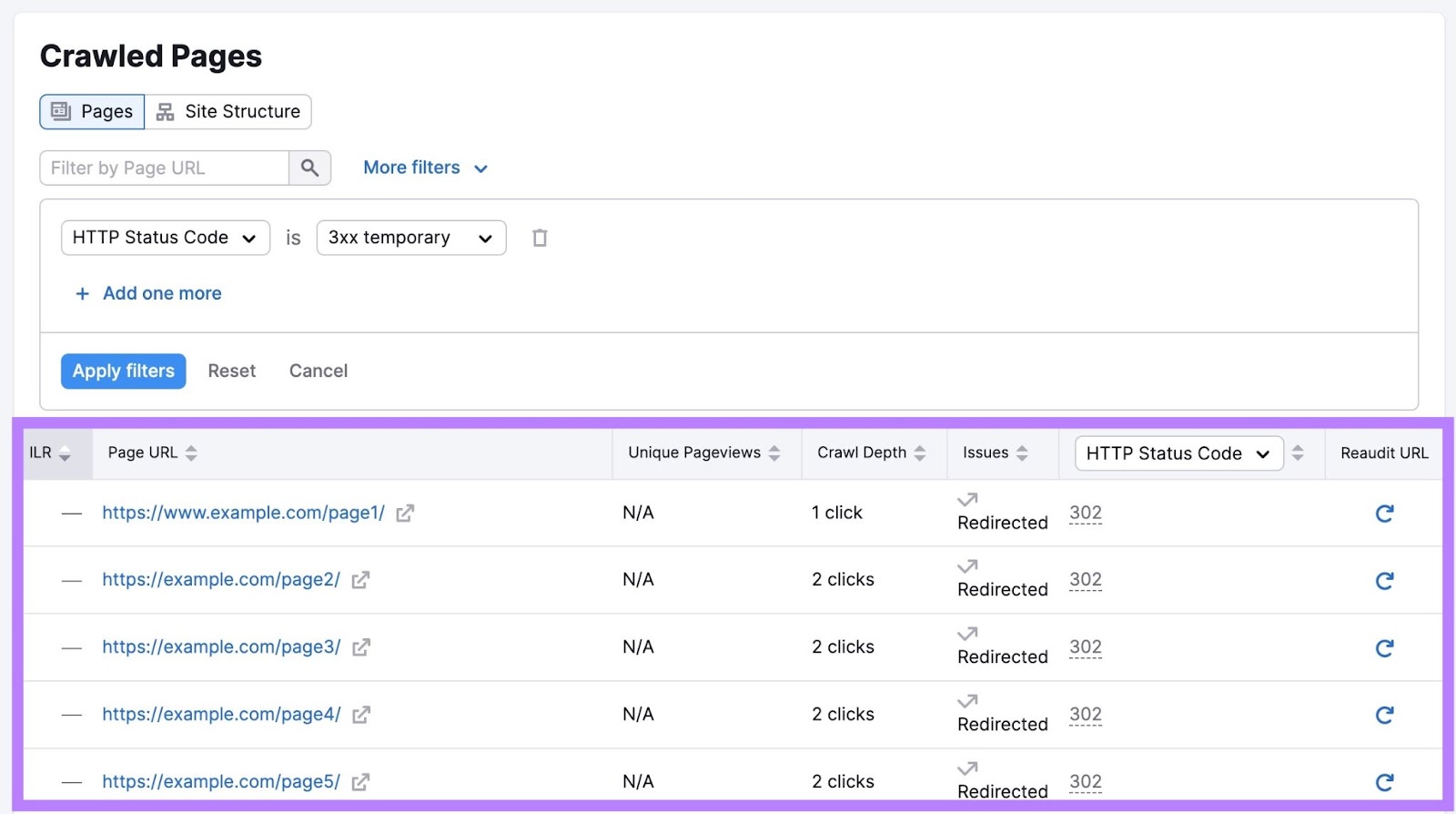 Crawled pages on Site Audit showing information like unique pageviews, crawl depth, issues, HTTP code, etc. for each page.
