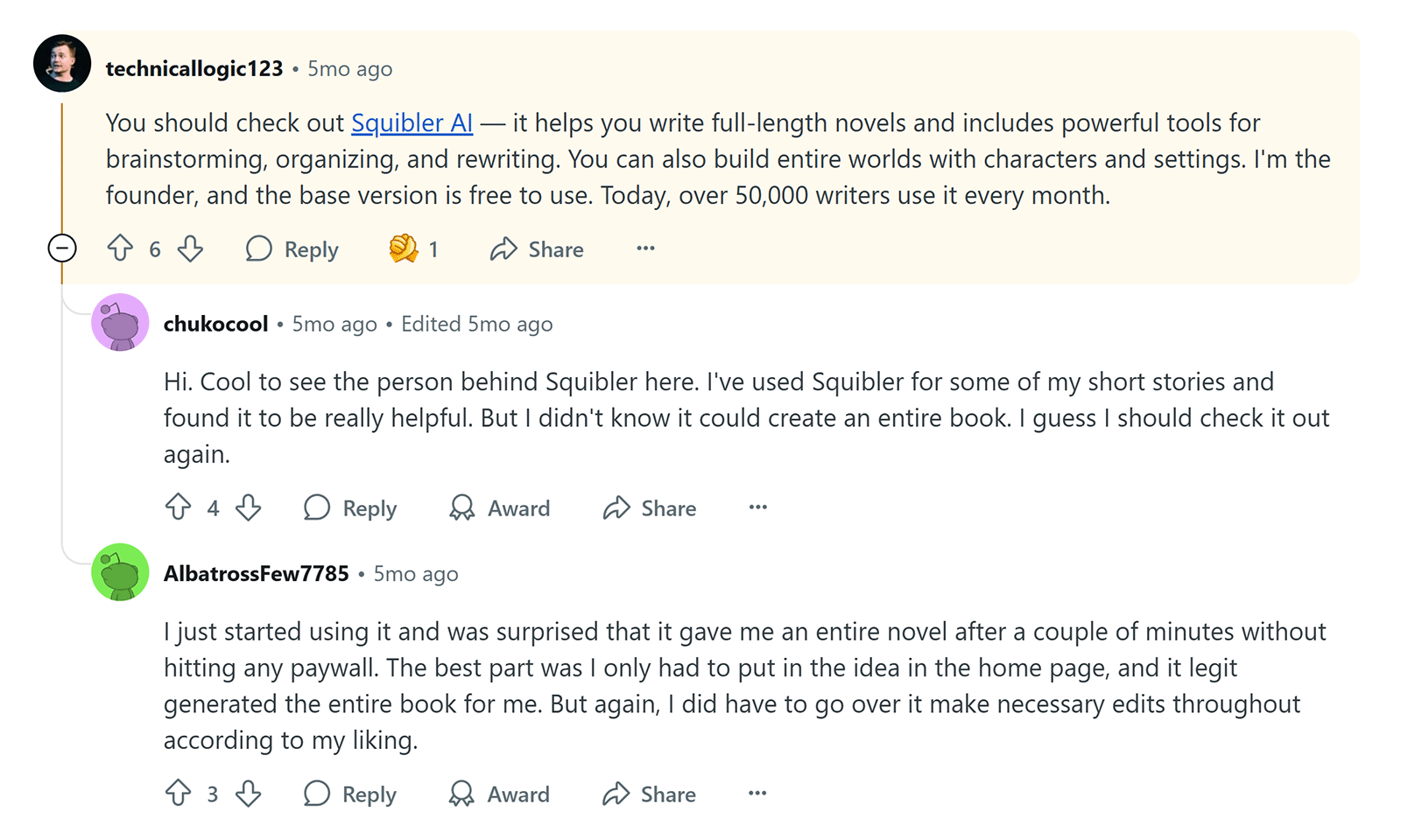 Reddit thread with founder promoting Squibler AI and users sharing feedback.