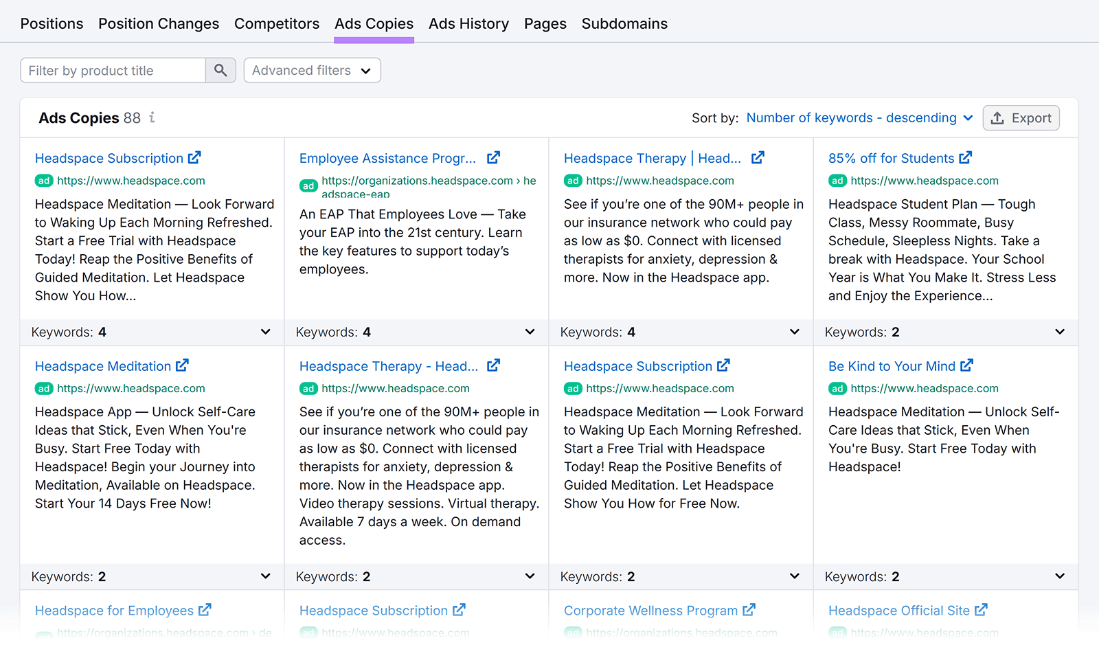 Headspace ad copies list showing multiple ad examples with titles, text, and keywords.