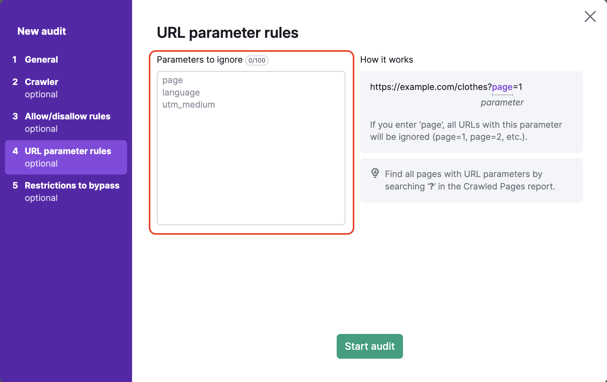URL Parameter Rules step in the Site Audit settings. Several example entries are shown and highlighted in the parameter fields, illustrating the correct format for URL parameters.
